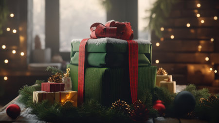 A beautifully wrapped holiday gift sits amidst lush greenery and twinkling lights, creating a warm and inviting atmosphere ideal for seasonal celebrations.の素材