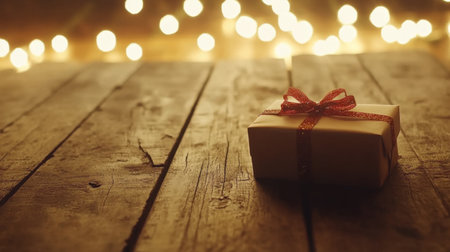 A beautifully wrapped gift box with a red ribbon sits on a rustic wooden table, creating a warm atmosphere illuminated by soft glowing lights. Perfect for festive occasions.の素材