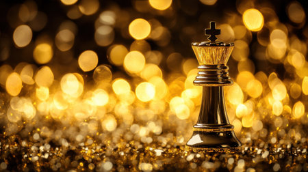 A golden chess piece symbolizing a king stands prominently against a mesmerizing bokeh background, illustrating themes of strategy, competition, and victory.の素材