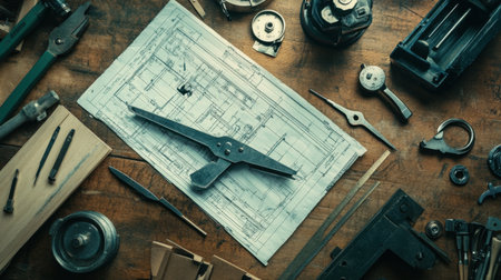 A captivating scene featuring vintage tools and detailed architectural blueprints laid out on a rustic wooden table, perfect for inspiring creativity and craftsmanship.の素材