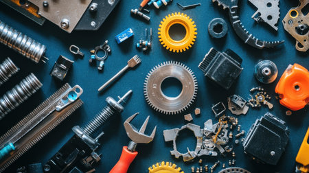 This high-quality image showcases a diverse array of mechanical parts and tools arranged on a dark surface. Ideal for industrial, engineering, and repair themes.の素材