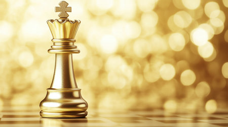 A striking golden chess king piece stands prominently on a chessboard, set against a blurred golden background. This image symbolizes strategy, competition, and victory in the game of chess.の素材