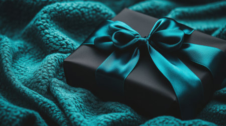 This image showcases an elegant black gift box adorned with a teal ribbon, resting on a soft, textured blanket. Perfect for holiday themes.の素材