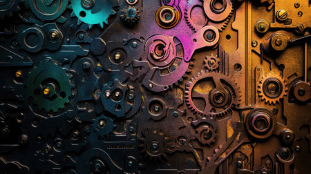 Explore a captivating industrial steampunk background featuring an intricate arrangement of gears and cogs in dark metal tones and colorful accents, perfect for diverse design projects.の素材