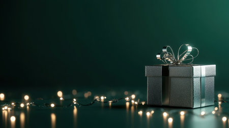 This elegant silver gift box shines brightly against a dark green background, surrounded by soft glowing lights, creating a festive and joyful atmosphere.の素材