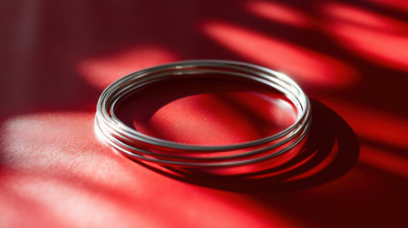 A striking close-up of silver wire forming a circular shape on a vivid red background, enhanced by soft shadows and light, creating a minimalist artistic effect.の素材