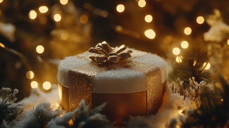 A stunning gift box adorned with a shiny ribbon and surrounded by sparkling lights and snowy pine highlights the joy of festive celebrations.の素材