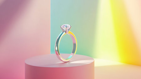 This captivating image showcases an elegant silver engagement ring featuring a brilliant cut diamond, set against a colorful pastel background.の素材