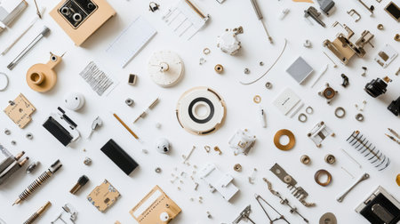 This flat lay showcases a diverse arrangement of mechanical parts and accessories, ideal for creative projects, engineering designs, and minimalistic visual presentations.の素材