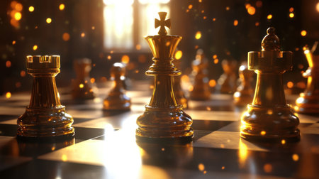 This captivating image showcases ornate golden chess pieces on a chessboard, illuminated softly by ambient light, creating a mesmerizing aura for strategy lovers.の素材