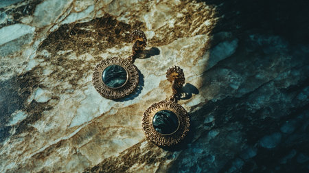 A stunning pair of vintage earrings displayed on a marble background, showcasing intricate design and a dark gemstone that exudes elegance. Natural light enhances the beauty of this jewelry piece, making it perfect for fashion enthusiasts and jewelry collectors alike.の素材