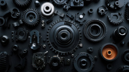 This striking image showcases an intricate arrangement of various mechanical components on a dark background, perfect for industrial design projects and creative concepts.の素材