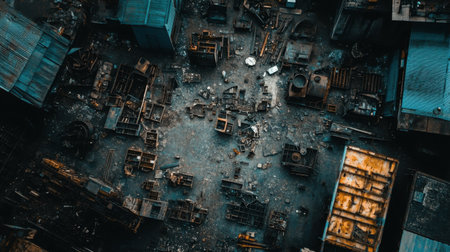 This aerial image showcases an abandoned industrial site filled with rusting machinery and scattered debris, highlighting the effects of neglect and decay.の素材