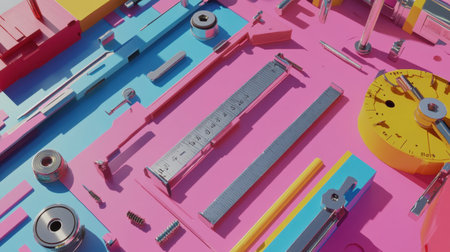 Explore a vibrant and colorful arrangement of various tools and components set against a bright pink background, ideal for creative projects and artistic themes.の素材