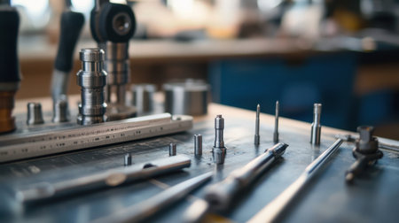 A detailed view of assorted tools and precise instruments arranged on a workshop table, highlighting the essence of craftsmanship and engineering.の素材