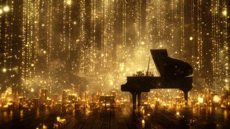 A stunning grand piano set against a glowing backdrop of candles and golden lights, creating a magical and elegant atmosphere perfect for music lovers.の素材