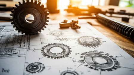 A captivating view of a gear and engineering sketches displayed on a wooden table, showcasing intricate designs and tools that highlight creativity in machinery development.の素材