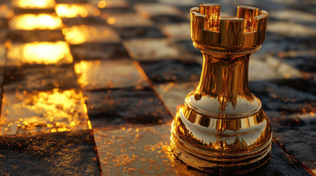 A stunning golden chess rook is positioned on a reflective chessboard, illuminated by the warm glow of a sunset, creating an elegant atmosphere.の素材