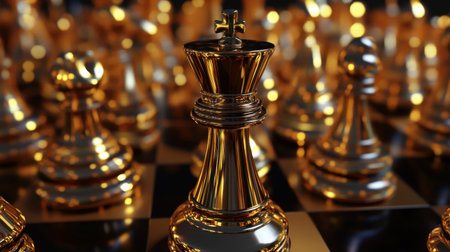 A stunning golden chess king stands proudly in the center, surrounded by gleaming chess pieces on a contrasting black and white board, symbolizing strategy and competition.の素材