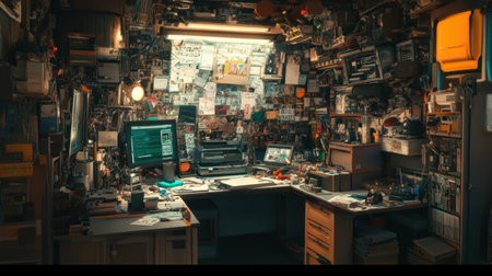 This image showcases a warm and inviting home office filled with eclectic gadgets and creative materials, creating a unique atmosphere for inspiration and productivity.の素材