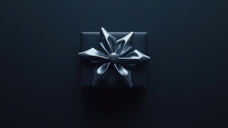 A striking black gift box adorned with a shimmering silver bow, set against a dark backdrop, ideal for showcasing elegance during celebrations.の素材