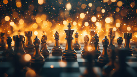 A captivating chess scene featuring a central king piece, surrounded by intricately designed chess pieces against a vibrant, sparkling background.の素材