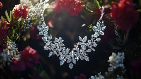 Discover the beauty of this elegant floral inspired necklace adorned with dazzling diamonds, set against a backdrop of vibrant blossoms, capturing the essence of luxury.の素材