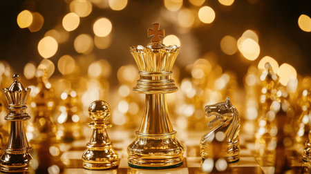 A set of luxurious golden chess pieces prominently displayed on a reflective board, surrounded by beautifully blurred lights, capturing the essence of strategy and elegance.の素材