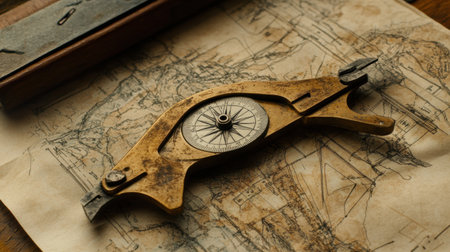 A detailed close-up of a vintage drawing instrument placed on an intricate blueprint. This unique compass showcases craftsmanship and precision, highlighting artistic exploration.の素材