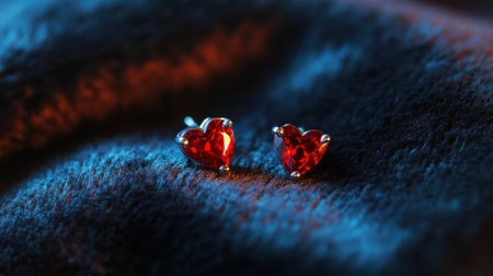 A pair of vibrant heart-shaped red gemstone earrings carefully placed on a soft, luxurious textile background, showcasing their brilliant cut and elegance.の素材