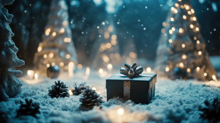 A beautifully wrapped gift rests on a blanket of snow, surrounded by enchanting snowy trees adorned with glowing lights, creating a serene winter ambiance.の素材