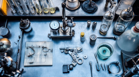 A detailed view of a laboratory workspace showcasing various glassware, tools, and equipment arranged methodically for scientific research and experimentation.の素材