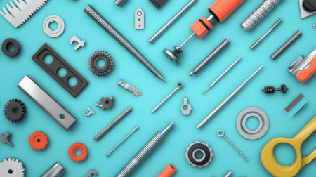 A vibrant arrangement of various hand tools and mechanical components on a blue background, perfect for representing DIY projects, construction, and repair activities.の素材