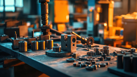 A captivating scene of various metal components and tools arranged on a workshop table, showcasing the art of craftsmanship in an industrial setting.の素材