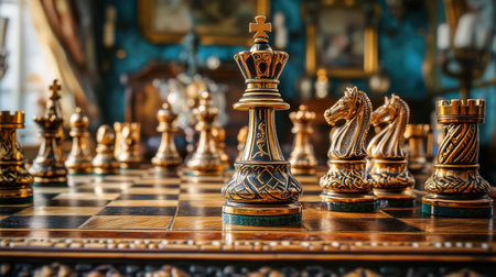 A stunning close-up of an elegant golden chess set on a wooden board within a richly decorated room. Each piece shines with intricate details, showcasing the beauty and strategic nature of chess as a classic game of intellect and skill.の素材