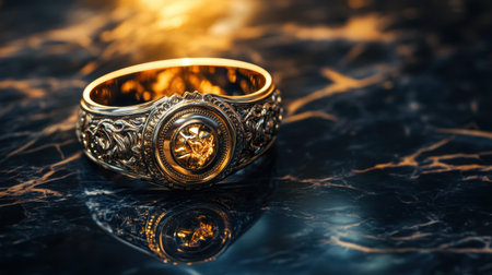 A stunning golden bracelet rests elegantly on a dark, reflective surface, capturing the intricate details and warm light that enhance its beauty.の素材