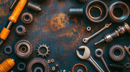 Close-up view of assorted metal tools and mechanical components arranged on a distressed workbench background, showcasing craftsmanship and repair work.の素材