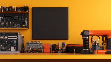 A modern workshop featuring an array of tools and electronics arranged on a vibrant yellow background. This setup inspires creativity and innovation for various projects.の素材