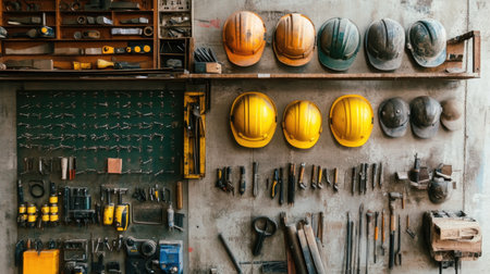 A vibrant display of construction tools and safety helmets hangs neatly on a wall, showcasing an organized workshop environment, ideal for trades and DIY enthusiasts.の素材
