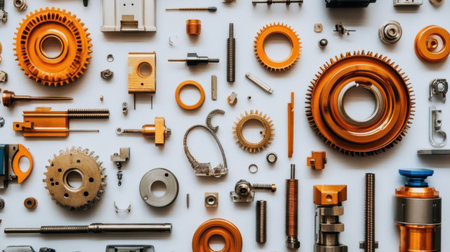 A detailed arrangement of assorted mechanical components and tools showcasing various sizes and colors, highlighting industrial applications and engineering design.の素材