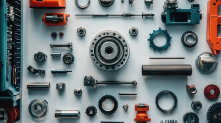 A visually captivating arrangement of assorted mechanical components and tools showcasing various shapes and materials, ideal for industrial and engineering projects.の素材