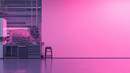 This modern industrial interior features a sleek pink wall and organized workspace with tools, enhancing creativity and design potential in any project.の素材