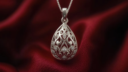 This image showcases an elegant silver pendant with intricate detailing and sparkling diamonds, set against a soft red fabric background, emphasizing luxury.の素材