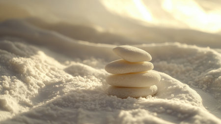 A serene image featuring four smooth white stones carefully stacked on soft, pale sand, illuminated by gentle natural light, creating a peaceful atmosphere.の素材