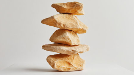 A collection of four stacked rocks delicately balanced on top of each other. The natural textures and warm beige colors create a serene and artistic atmosphere.の素材