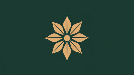 This image features a simple yet striking floral motif characterized by a stylized flower with distinct petals set against a rich green background.の素材