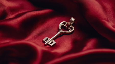 A beautifully crafted vintage silver key pendant rests elegantly on soft red silk fabric, showcasing its intricate design and charm. Perfect for fashion and jewelry photography.の素材