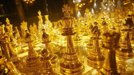 A stunning close-up of an intricate golden chess set, highlighting the details of each piece under soft lighting to showcase its elegance and craftsmanship.の素材