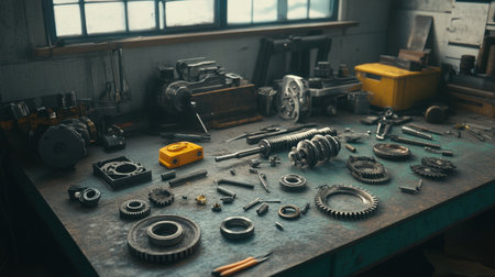 This image captures a cluttered yet organized industrial workshop table showcasing various mechanical tools and parts. The natural light highlights the intricate details and textures of gears and equipment, emphasizing the craftsmanship involved.の素材