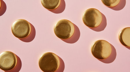 A collection of shiny golden circular objects arranged neatly on a soft pink background, creating a visually striking and elegant aesthetic for various design projects.の素材
